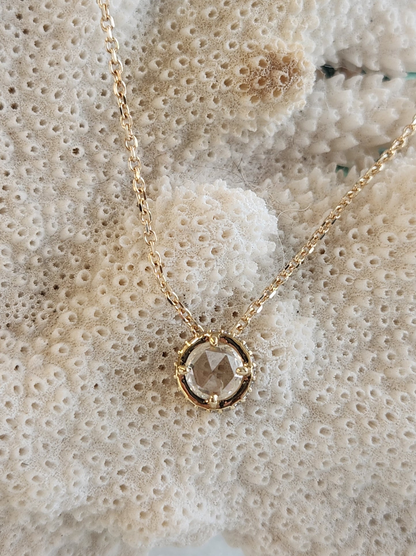 14 Karat Yellow Gold Rose Cut Diamond Necklace With Hidden Diamond Halo, 16-18"