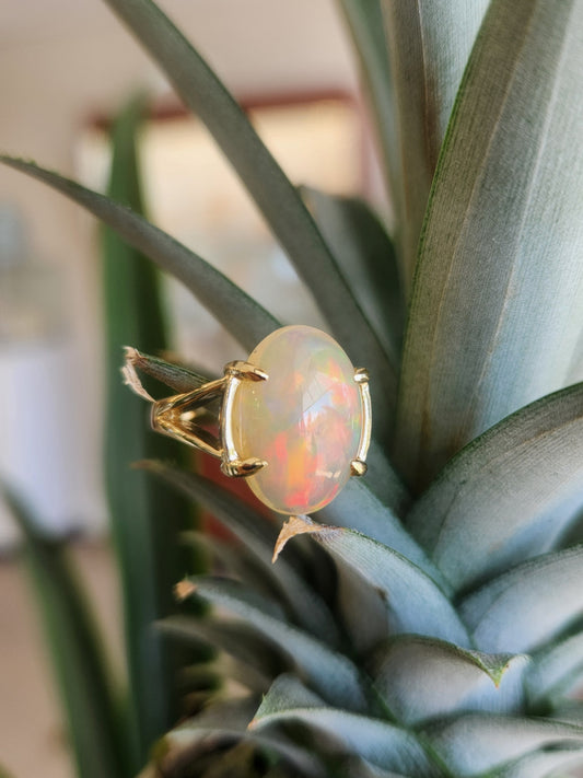 14 Karat Yellow Gold Split Shank Ethiopian Welo Opal Solitaire Ring